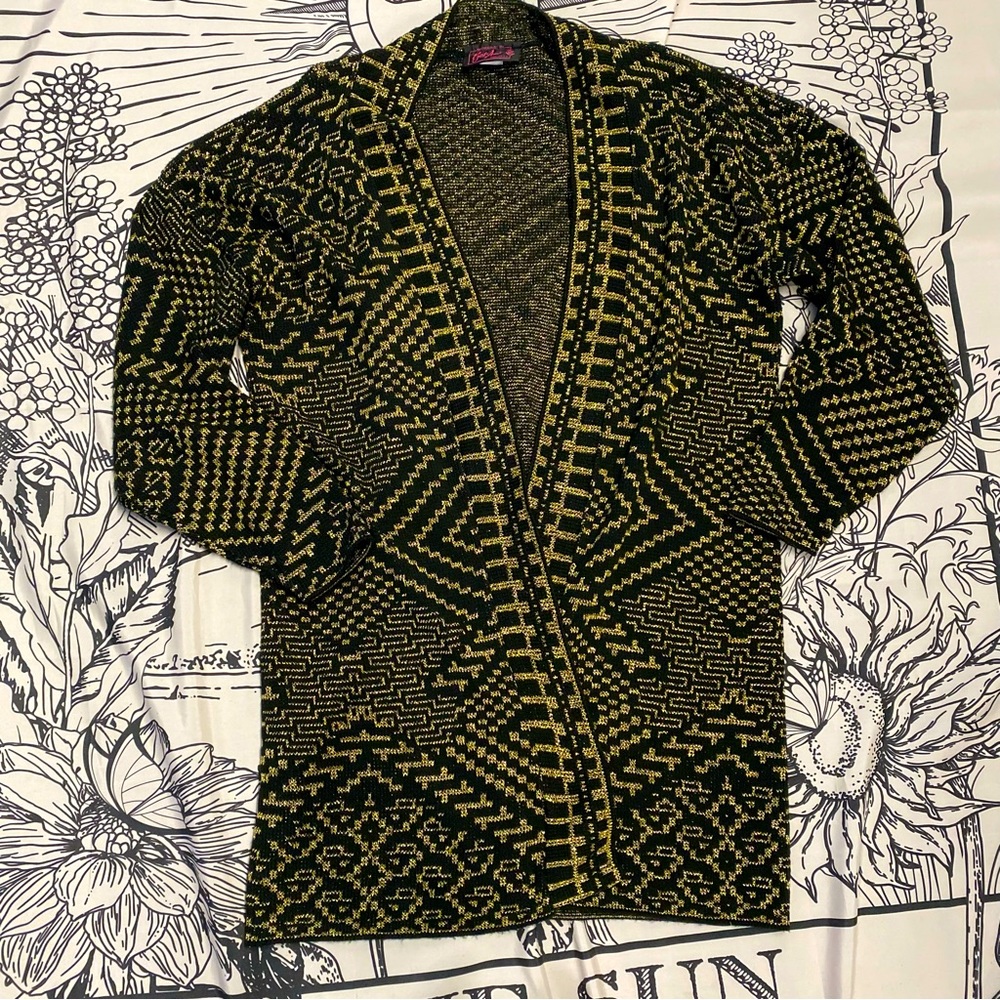 Bel Ami Long Sweater Open Cardigan Duster Black and Gold Women's Size M USA